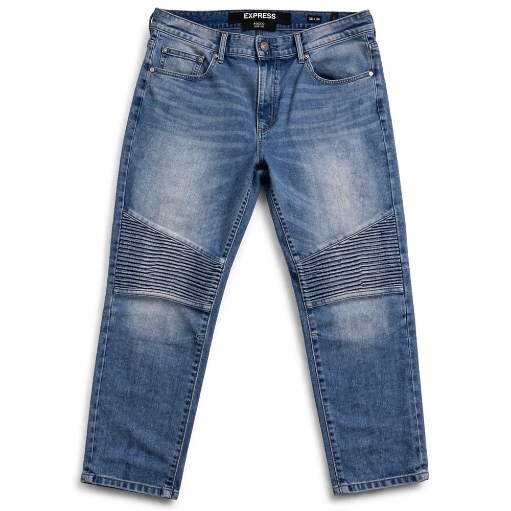 Express Rocco Slim Leg Jeans 36x34 Moto Biker Denim Blue Stretch Mens